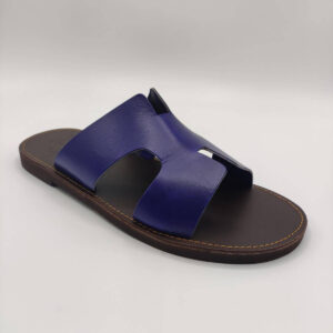 Hermes Leather Slides Men Handmade Slip On Brown Blue