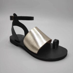 Gold Black Leather Sandals with ankle strap