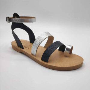 Black Silver leather dressy sandals with two straps, toe ring and high ankle strap, side view single