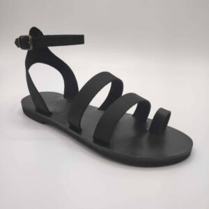 Total Black in Nubuck leather dressy sandals with two straps, toe ring and high ankle strap, side view single