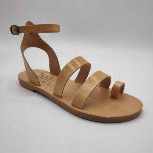 Natural Tan leather dressy sandals with two straps, toe ring and high ankle strap, side view single