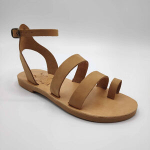 Nude nubuck leather dressy sandals with two straps, toe ring and high ankle strap, side view single