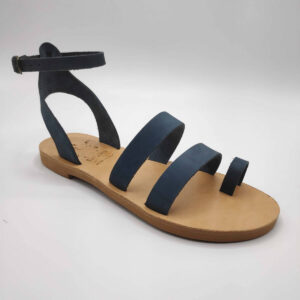 blue nubuck leather dressy sandals with two straps, toe ring and high ankle strap, side view single