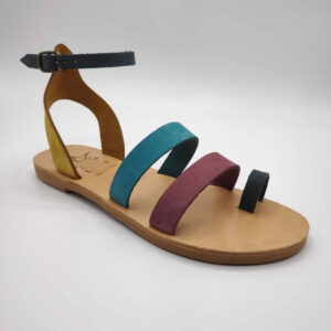 multi-colour nubuck leather dressy sandals with two straps, toe ring and high ankle strap, side view single