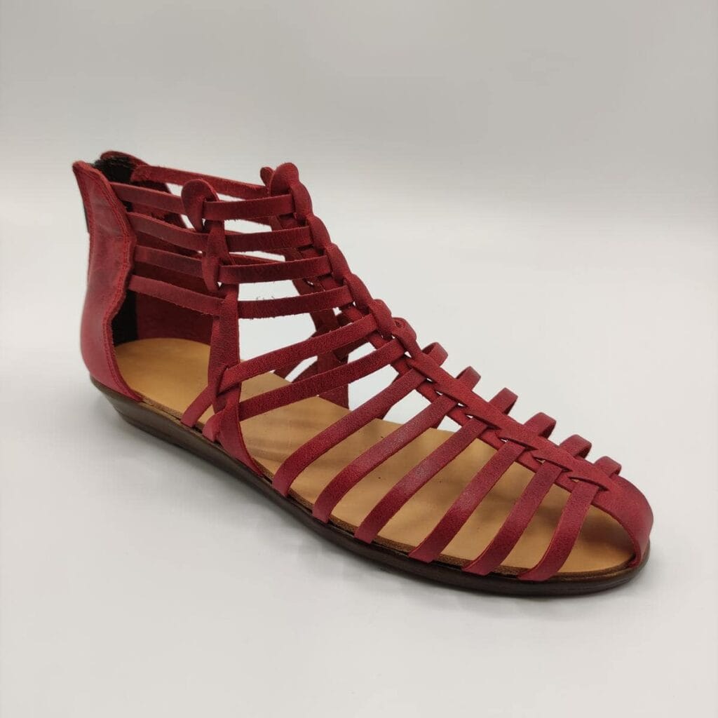 Zipper Back Strappy Leather Sandal Red