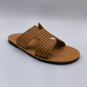 Mens Leather Slide H Cut Embossed Leather Natural