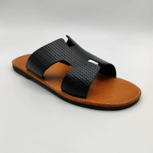 Mens Leather Slide H Cut Embossed Leather Black