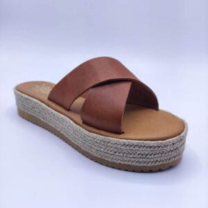 Platform Leather Cross Corss Slide Brown