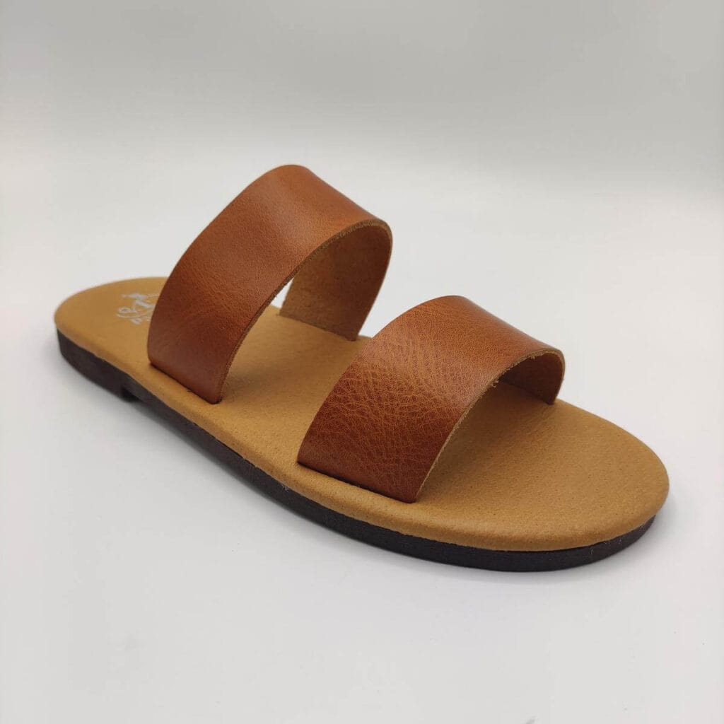 Two Straps Comfort Sole Mens Leather Slide Brown Color