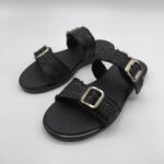 Women's Black Woven Sandals with Metal Buckles - Image 3