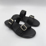 Women's Black Woven Sandals with Metal Buckles - Image 2